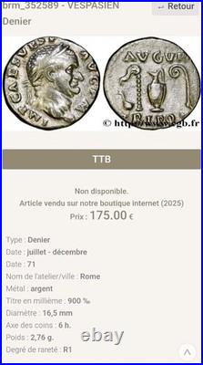 Monnaie Romaine Denier Vespasien Instruments Pontificaux R1
