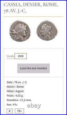 Tres Rare Denier Cassia 78 Av J-C Rome Argent, TB+ Crawford 386/1 4,02grs